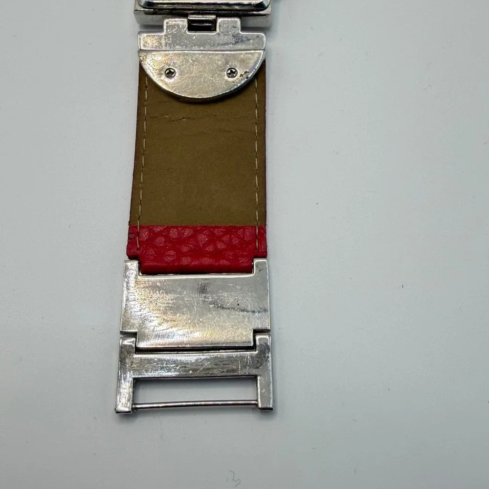 GG Quartz Japan Movt Watch Red Faux Leather Strap Mother of Pearl Dial Vintage